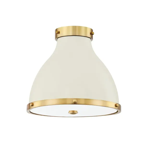 This two-light flush mount combines aged brass hardware with an off-white fabric shade for a refined, versatile look. The low-profile design works well in spaces with standard ceiling heights while providing ample ambient lighting.