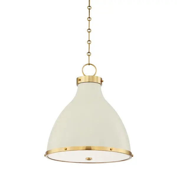 This sophisticated pendant combines aged brass metalwork with off-white fabric shades for a refined, versatile look. The two-light configuration provides balanced illumination while maintaining an elegant profile suitable for various interior styles.