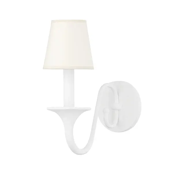 The Windsor wall sconce brings whimsical elegance to any space with its classic candelabra silhouette and distinctive white plaster finish. The perfectly scaled linen shade complements fluid curves, offering artistic sophistication beyond typical metal fixtures.