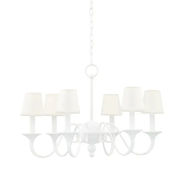 Windsor brings whimsical elegance with its classic candelabra silhouette and distinctive white plaster finish. The fluid curves and perfectly scaled linen shades create a sophisticated focal point that stands apart from typical metal chandeliers.