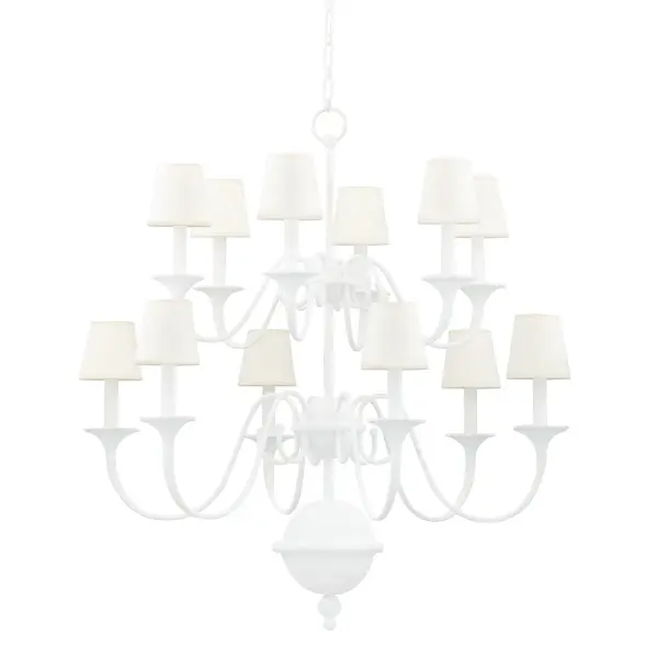 Windsor brings whimsical elegance to traditional lighting with its graceful candelabra silhouette and distinctive white plaster finish. The 12 perfectly scaled linen shades complement fluid curves, creating artistic sophistication that stands apart from typical metal chandeliers.