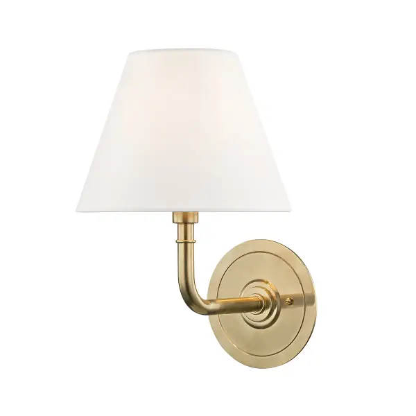 The Signature No.1 wall sconce combines classic proportions with contemporary simplicity. Its aged brass finish and white linen shade create warm, diffused light perfect for intimate spaces.