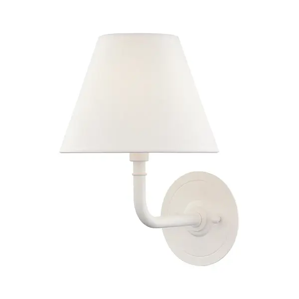 The Signature No.1 delivers refined simplicity with its white finish and linen shade. Perfect for modern bathrooms and hallways, it provides soft, diffused light in a compact footprint. Damp-rated for versatile placement.