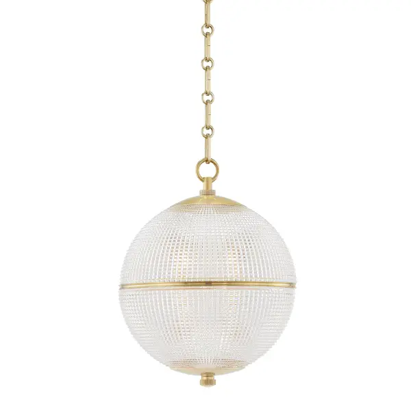 The Sphere No. 3 combines classic globe design with warm aged brass detailing. Its 13-inch diameter provides substantial presence without overwhelming spaces, while the adjustable chain offers installation flexibility.