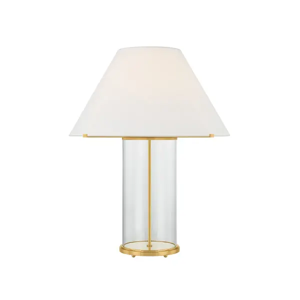 The Inglewood combines Mark D. Sikes' refined aesthetic with practical versatility. Its clear glass base catches and reflects light beautifully, while aged brass accents add warmth. The clean-lined white linen shade works across traditional and contemporary interiors.