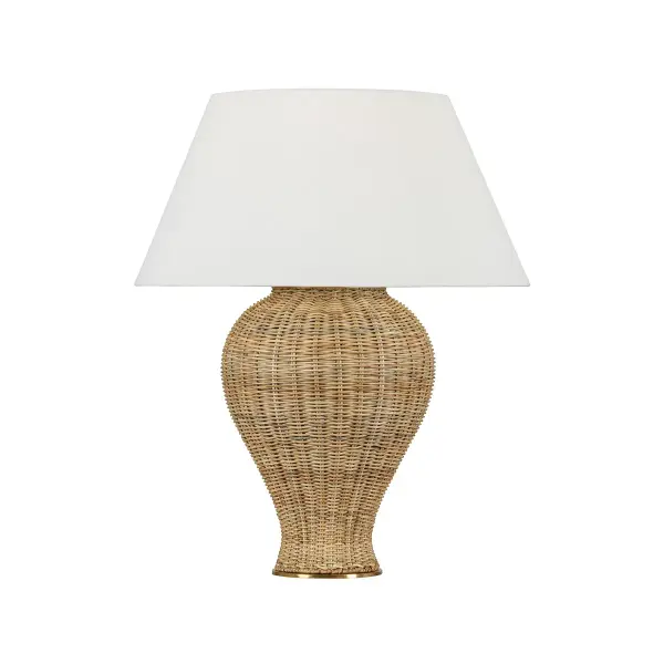 The Chatsworth table lamp combines natural woven wicker with refined brass accents for a sophisticated coastal aesthetic. Its generous 24-inch diameter and voluminous silhouette make a statement while the off-white linen shade softens the look.