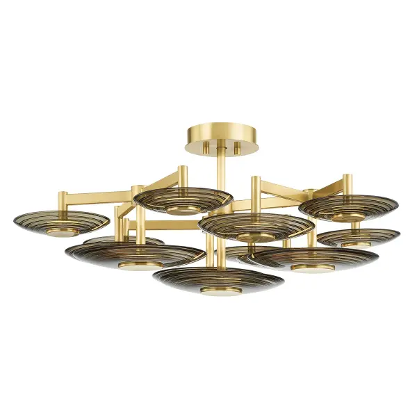 The Griston delivers dramatic presence with its 44-inch span of ribbed smoke glass discs and aged brass accents. This statement piece combines retro glamour with modern LED efficiency, casting a warm golden glow perfect for grand spaces.