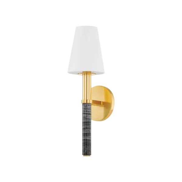 Montreal merges contemporary clean lines with luxurious Nero Modera marble candle sleeves and warm Aged Brass finish. Each natural stone piece is unique, topped with a tapered white linen shade for understated elegance.