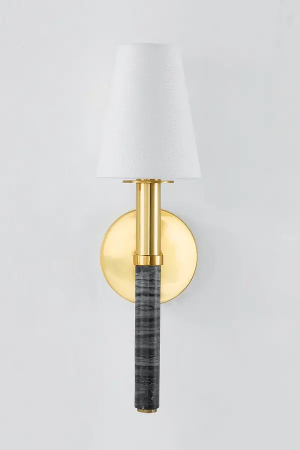 Montreal merges contemporary clean lines with luxurious Nero Modera marble candle sleeves and warm Aged Brass finish. Each natural stone piece is unique, topped with a tapered white linen shade for understated elegance. - alternate view