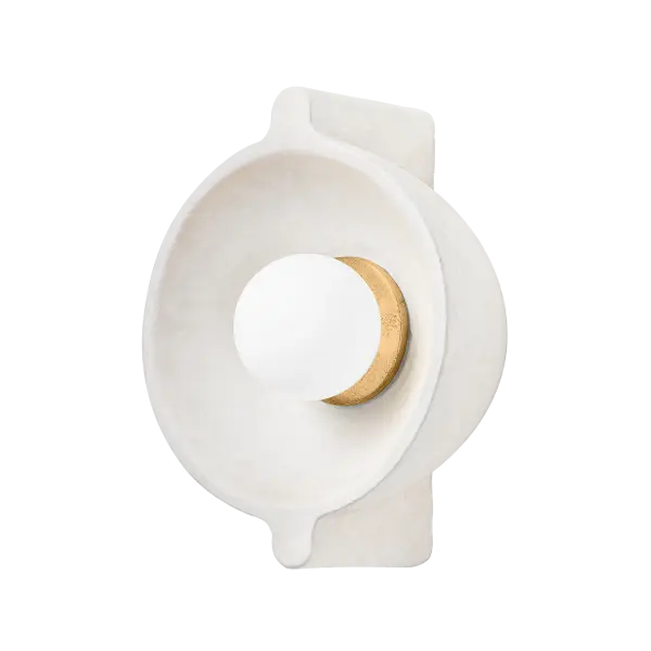 The Modesto Wall Sconce brings nautical charm to modern interiors with its finned dome shade in weathered Fossil White Ceramic. Vintage Gold Leaf hardware adds subtle elegance, making it perfect for coastal, modern, or transitional spaces.