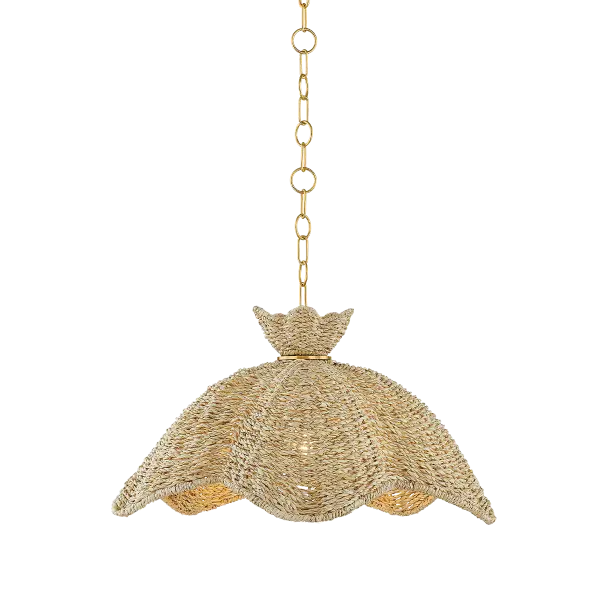 The Solie Pendant brings nature indoors with its handcrafted palm leaf shade shaped like a flower. Each piece is unique, showcasing artisan expertise with a refined, upscale appearance that adds warmth and texture to any space.
