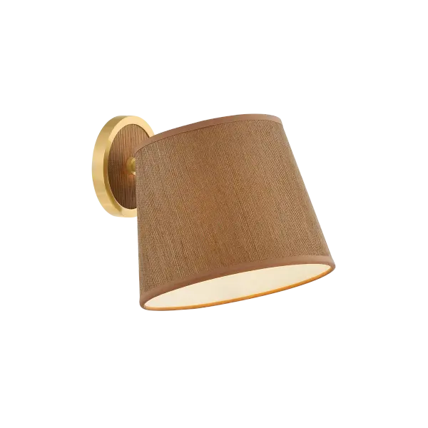 The Abeni Wall Sconce combines natural woven grasscloth with aged brass accents for a sophisticated organic aesthetic. Its pivoting head provides directional lighting perfect for bedside reading, while oversized proportions make a statement.