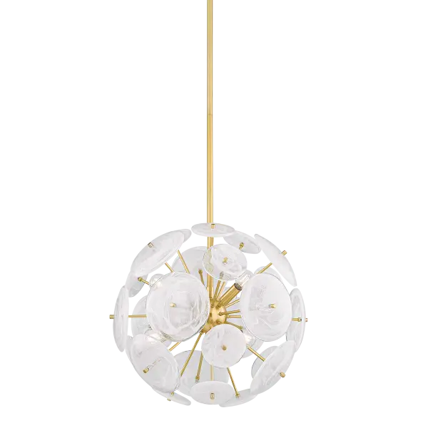 The Tamara chandelier reimagines the classic sputnik design with milky white swirled glass discs and slender aged brass stems. Its harmonious blend of linear and organic forms creates a luminous focal point perfect for modern dining and living spaces.