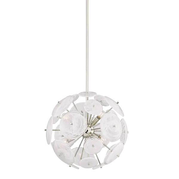 The Tamara chandelier reimagines the classic sputnik silhouette with milky white swirled glass discs and slender Aged Brass stems. Its harmonious blend of linear and organic shapes creates a luminous focal point.