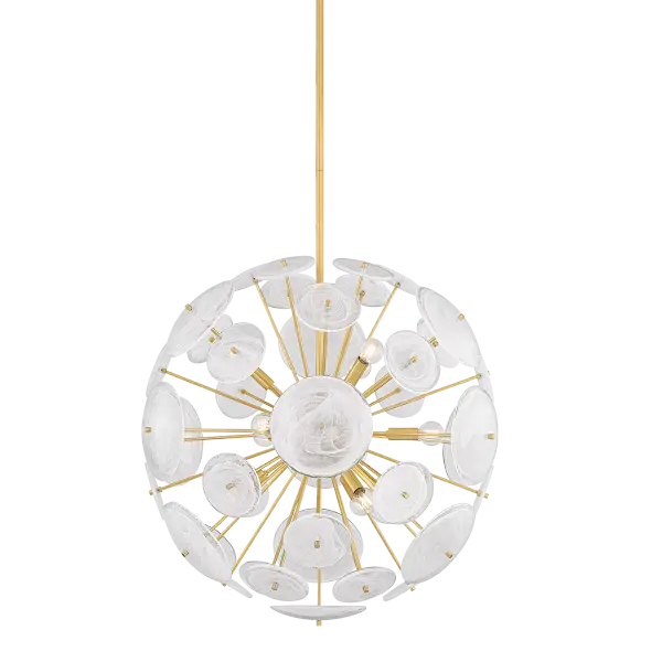 The Tamara chandelier reimagines the classic sputnik design with milky white swirled glass discs and slender aged brass stems. Its harmonious blend of linear and organic shapes creates a luminous focal point perfect for modern dining and living spaces.