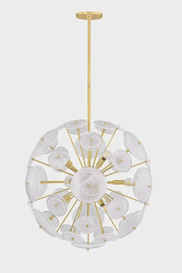 The Tamara chandelier reimagines the classic sputnik design with milky white swirled glass discs and slender aged brass stems. Its harmonious blend of linear and organic shapes creates a luminous focal point perfect for modern dining and living spaces. - alternate view