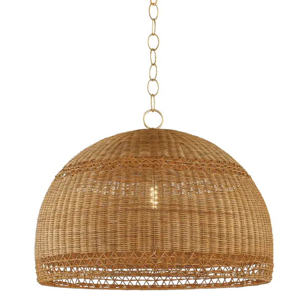 The April Pendant showcases vintage basketry techniques with a large wicker shade featuring distinctive open-weave bands that create beautiful light patterns. The aged gold brass chain adds refined elegance to natural materials.