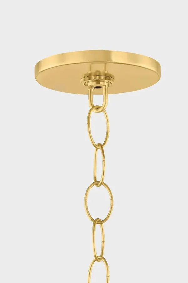 The April Pendant showcases vintage basketry techniques with a large wicker shade featuring distinctive open-weave bands that create beautiful light patterns. The aged gold brass chain adds refined elegance to natural materials. - alternate view