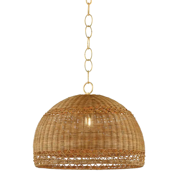 The April Pendant showcases vintage basketry craftsmanship with its large wicker shade featuring distinctive open-weave bands that create beautiful light patterns. The antique gold brass chain adds refined contrast to the natural materials, making it perfect for coastal, organic modern, or transitional spaces seeking warmth and character.