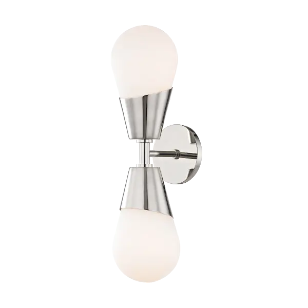 The Cora Wall Sconce features teardrop frosted glass bulbs on asymmetrical metal arms, creating a clean, modern aesthetic. Its versatile design works in multiple settings from bathrooms to hallways.