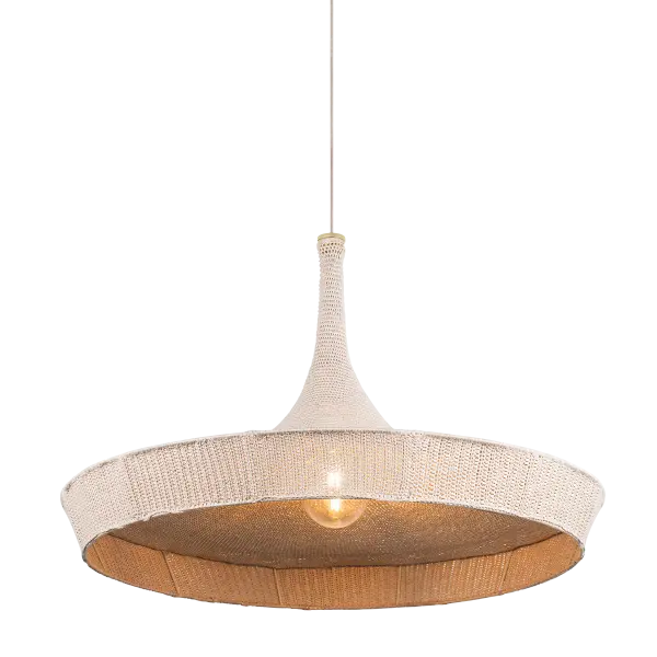The Isola pendant showcases exceptional craftsmanship with its hand-knitted cotton shade that creates a stunning trumpet-shaped silhouette. Light filters beautifully through the woven texture, casting warm, dappled patterns while the aged brass finish adds refined elegance.