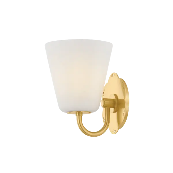 The Leonella sconce brings vintage charm to bathroom lighting with its botanical-inspired design. Swooping Aged Brass arms and floral backplate with decorative perforations create visual interest, while matte white bell shades provide powerful downlight. - alternate view