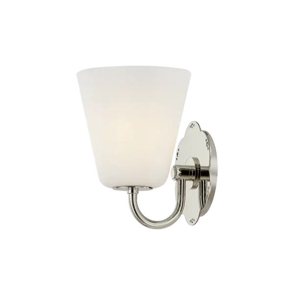 The Leonella sconce brings vintage botanical elegance to bathroom lighting with its floral-shaped backplate and decorative perforations. Swooping arms hold bell-shaped matte white shades that provide powerful downlight for daily routines.