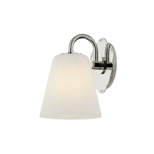 The Leonella sconce brings vintage botanical elegance to bathroom lighting with its floral-shaped backplate and decorative perforations. Swooping arms hold bell-shaped matte white shades that provide powerful downlight for daily routines. - alternate view