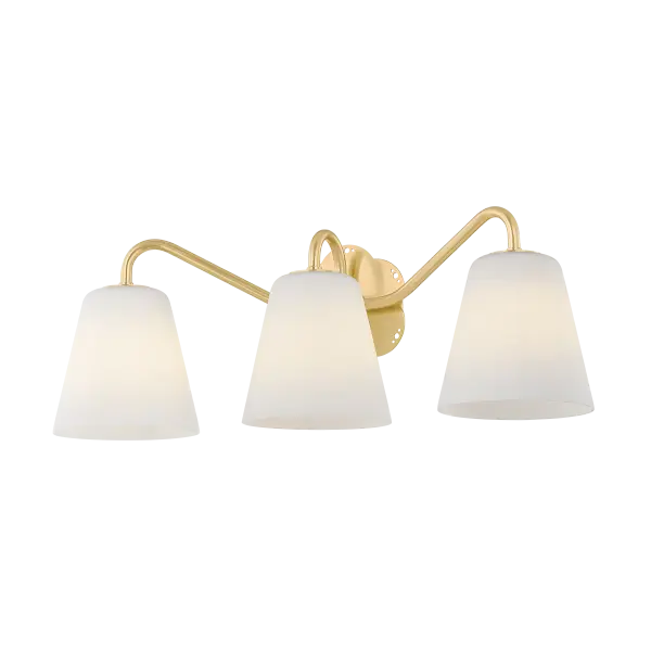 The Leonella sconce combines vintage botanical charm with modern functionality. Swooping Aged Brass arms and floral-shaped backplate with decorative perforations create visual interest, while matte white bell-shaped shades provide powerful downlight for daily routines. - alternate view