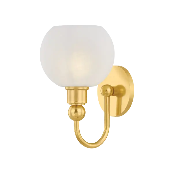 The Jerica bath light brings serene sophistication to daily routines with its harmonious circular forms and matte cloud glass globes. Decorative sphere details and curved lines create visual continuity in Aged Brass. - alternate view
