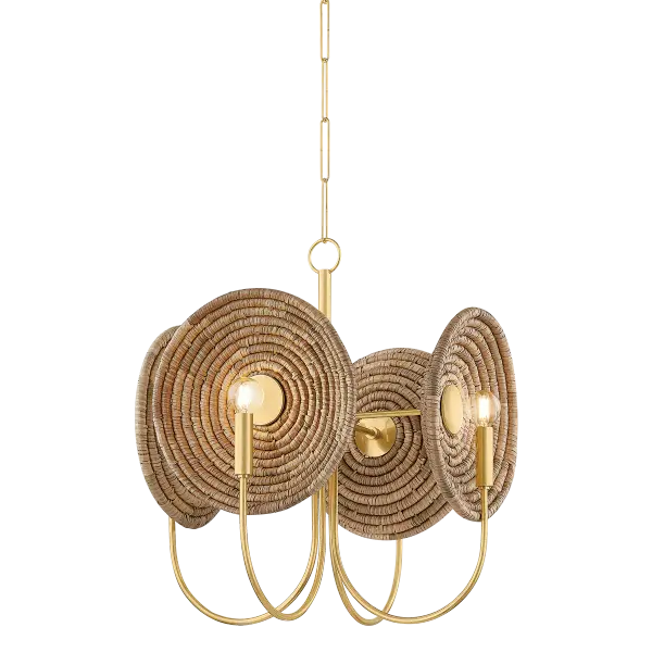 The Ashby Chandelier merges traditional basketry techniques with modern design, featuring handwoven circular motifs that serve as decorative backdrops for four candle-style lights. The Aged Brass frame includes disc reflectors for optimal light distribution.