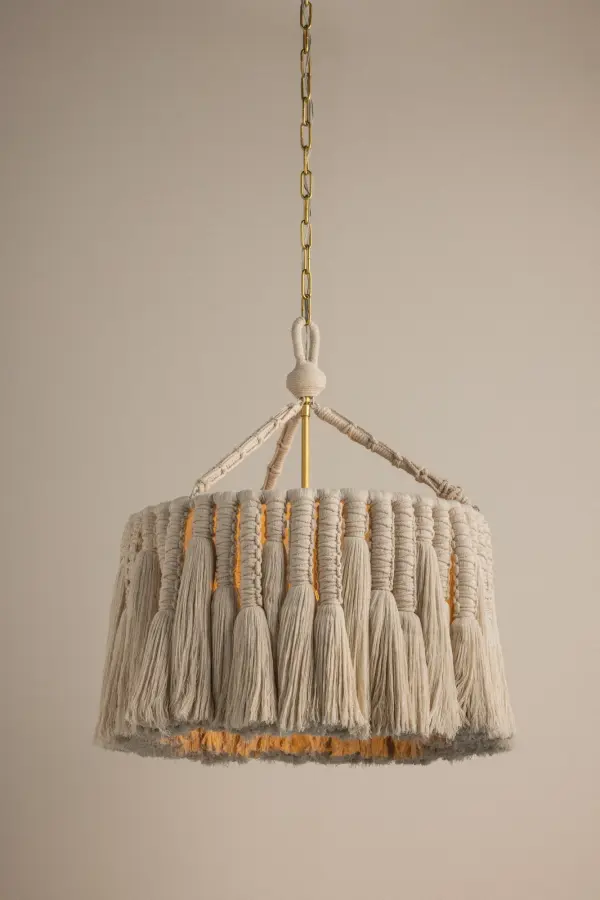The Shayla Chandelier brings soft, textural beauty to any space with its handcrafted cotton tassels and macrame-inspired design. This bohemian fixture transforms a classic drum shade into an artisanal statement piece. - alternate view