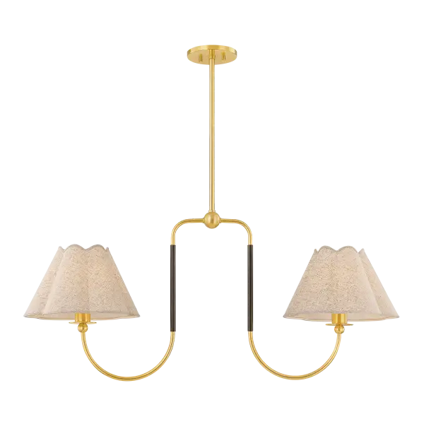 The Janie Linear updates classic chandelier design with a fresh, contemporary silhouette. Scalloped glass shades provide softly diffused lighting while the contrasting Aged Brass and True Bronze finishes create visual interest and versatility.