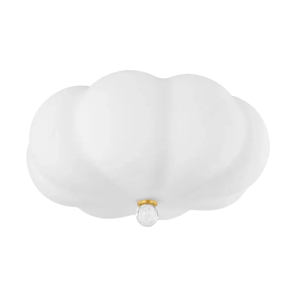 The Demille flush mount combines playful organic curves with sophisticated brass detailing. Its pillowy opal glass shade creates a soft, ambient glow perfect for intimate spaces, while the oversized aged brass canopy adds visual drama.