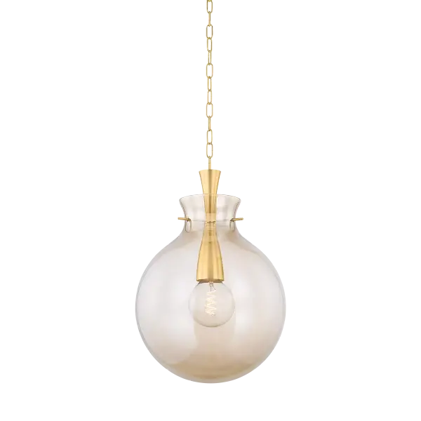 The Benita pendant combines delicate vintage glass vase aesthetics with innovative construction. Its light bronze glass shade creates a warm, inviting ambiance while the aged brass metalwork flows through the shade opening for visual continuity.