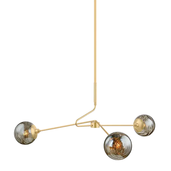 The Nyla chandelier makes a bold artistic statement with its asymmetrical arms and smoke glass orbs. The mobile-inspired silhouette creates visual interest while the soft glass shaping balances the minimalist metal frame.