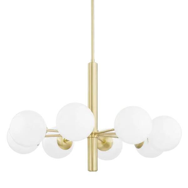 The Stella Chandelier brings fresh sophistication to mid-century modern design with its frosted glass globe and sleek aged brass finish. Versatile enough for any room, this fixture combines classic curves with contemporary elegance.