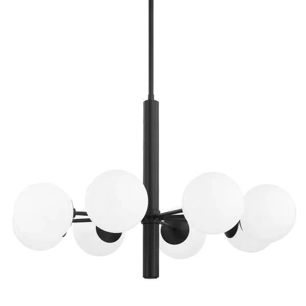 The Stella Chandelier brings fresh sophistication to mid-century modern design with its frosted glass globe and sleek curves. Versatile enough for any room, this fixture offers timeless style in an old bronze finish.