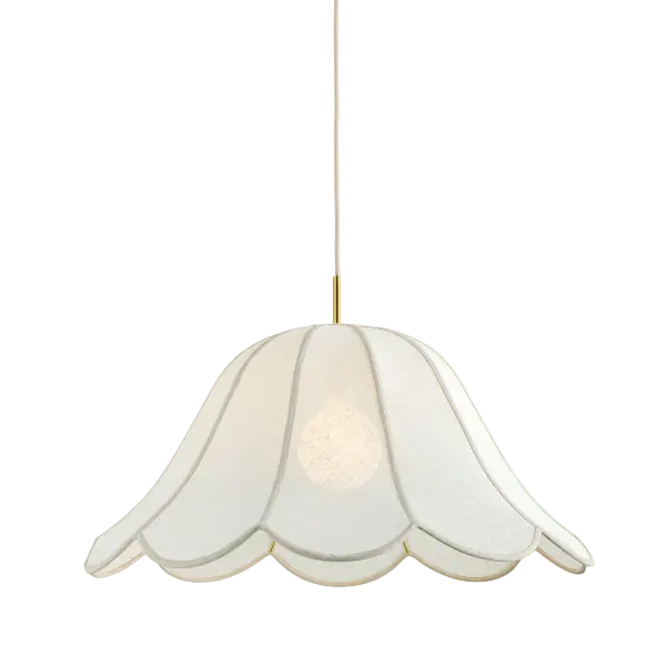 The Dara pendant brings soft, organic elegance with its pillowy scalloped design that mimics flower petals. White linen with natural trim creates dynamic light diffusion while Aged Brass accents add luxe warmth.