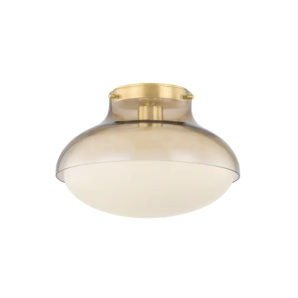 The Gianna combines organic curves with mechanical precision through its distinctive double-glass design. Light bronze outer glass melts into glossy opal inner shade, held by industrial-style pins for a refined contemporary look.