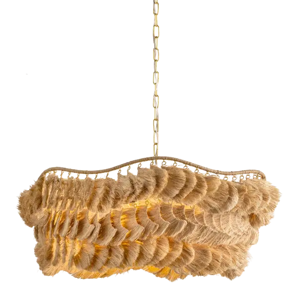The Daria chandelier transforms natural banana fiber into a stunning statement piece with its undulating wrapped frame and shaggy textured layers. The Aged Brass finish adds refined elegance to this handcrafted design.