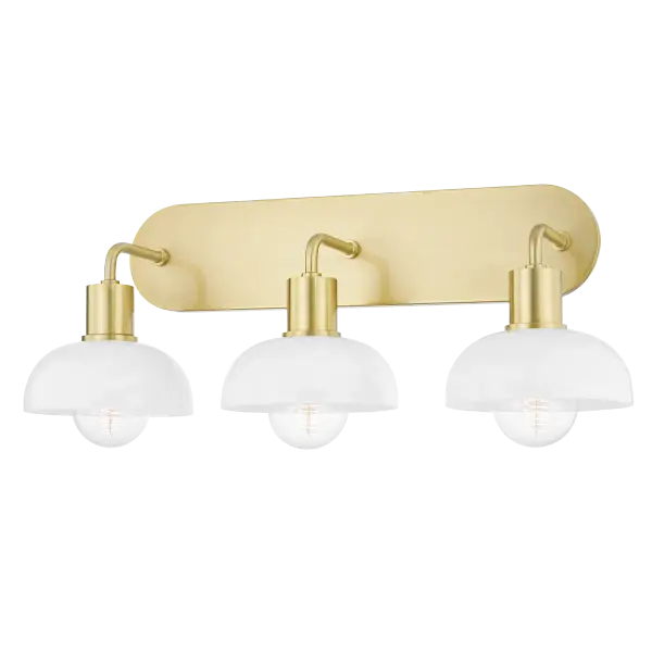 The Kyla vanity light combines timeless elegance with contemporary sensibility, featuring a warm aged gold brass finish that adds sophistication to any bathroom space.