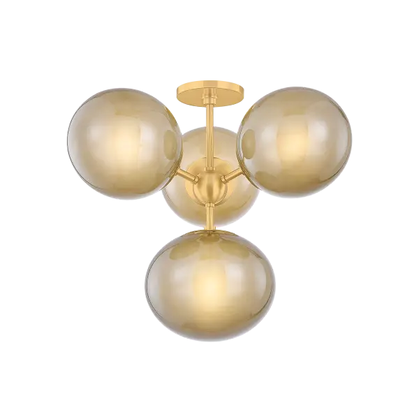 The Zaley Semi Flush brings mid-century modern flair with its Sputnik-inspired silhouette. Irregular light bronze glass globes radiate from an aged brass sphere, creating a moody, artistic focal point perfect for contemporary spaces.