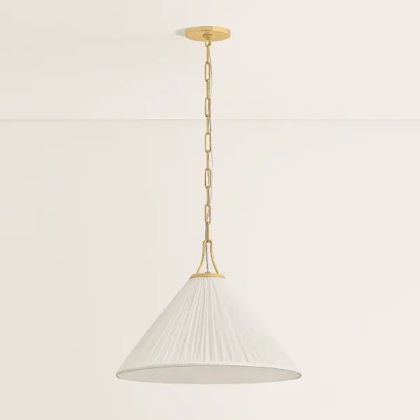 The Merida pendant combines classic elegance with modern simplicity through its pleated faux silk shade and distinctive racetrack loop detail. The Aged Brass finish adds warmth while maintaining a clean, contemporary aesthetic. - alternate view
