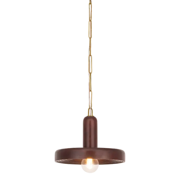The Scheana pendant merges stem and shade into a single sculptural form carved from solid wood. Its rippled surface with concentric rings creates a tactile play of light and shadow, while the Aged Brass chain adds refined contrast.