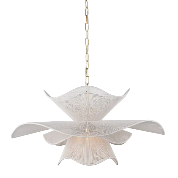 The Amanda Chandelier features four layered cotton-string shades inspired by leaf forms, creating sculptural drama with an airy, floating quality. Its grand scale and rhythmic movement make it perfect for dining rooms and entryways.