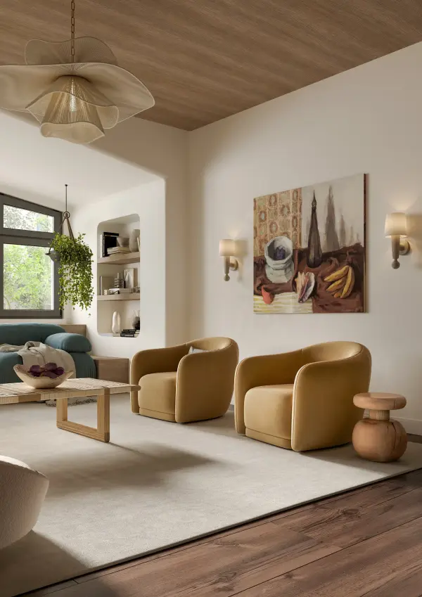 The Amanda Chandelier features four layered cotton-string shades inspired by leaf forms, creating sculptural drama with an airy, floating quality. Its grand scale and rhythmic movement make it perfect for dining rooms and entryways. - alternate view