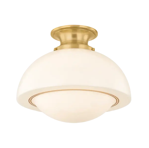 The Celine Semi Flush combines retro charm with modern sophistication. Its spot-plated opal glass shade diffuses light beautifully while thin gold pinstripes add refined detail. Perfect for spaces needing ambient lighting with style.