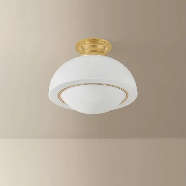 The Celine Semi Flush combines retro charm with modern sophistication. Its spot-plated opal glass shade diffuses light beautifully while thin gold pinstripes add refined detail. Perfect for spaces needing ambient lighting with style. - alternate view