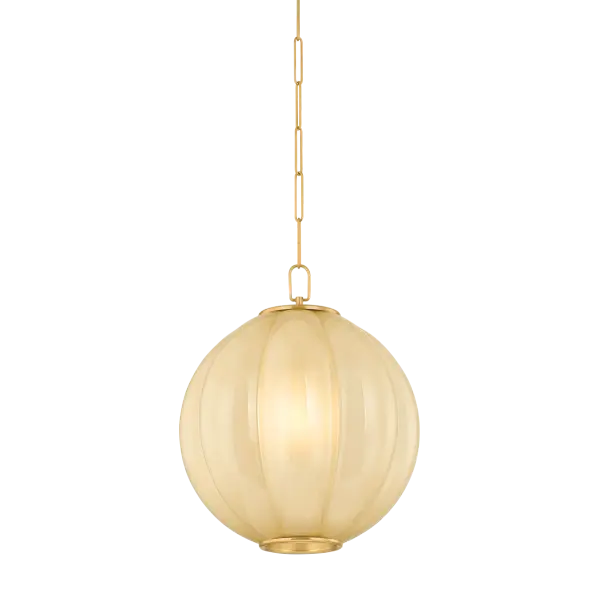 The Bernadine pendant elevates the popular scalloped trend with its grand-scale clear etched cream glass shade and pillowy contours. Aged Brass frame details bookend the shade like jewelry, creating a versatile statement piece.